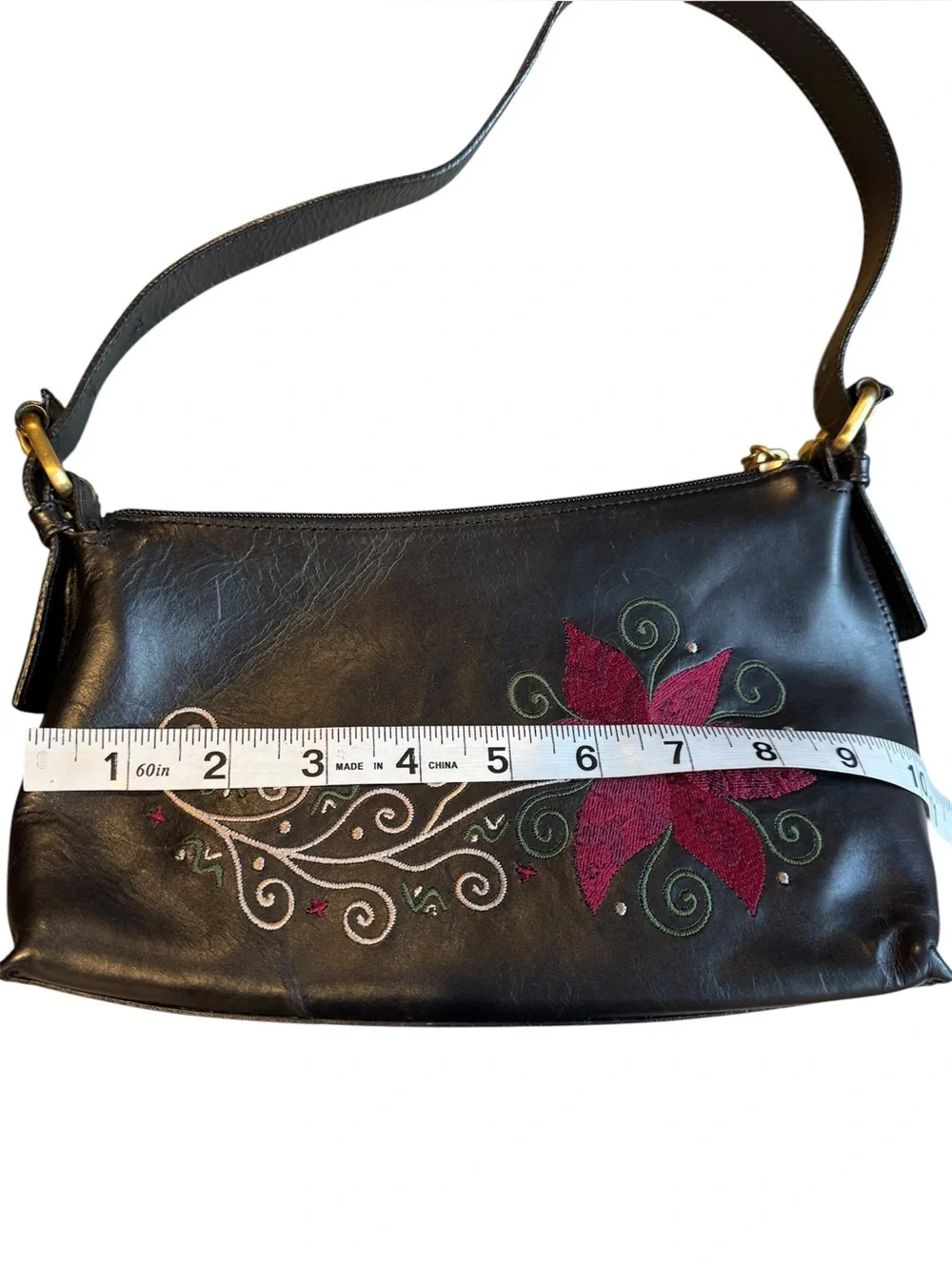 Maxx New York Leather Black Small Shoulder Bag Floral Embroidered Y2K Asymmetric